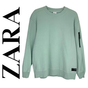 Zara Man Sz L Pique Textured Knit Mint Green Pullover Sweatshirt Sweater